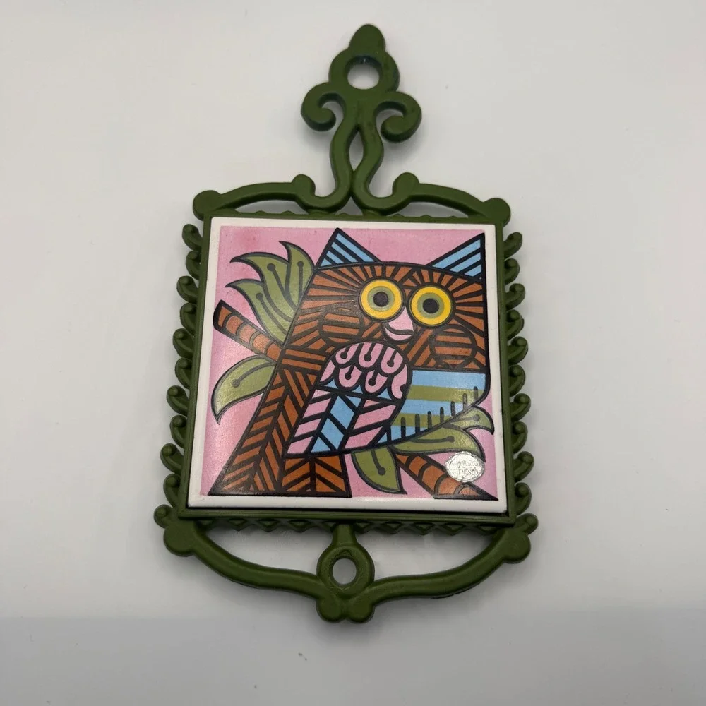 Vintage Enesco Hand Painted Owl Ceramic Tile Trivet Wall Hanging Japan Green MCM